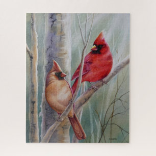 Puzzle Red Northern Cardinal Bird Pair Aquarelle Art
