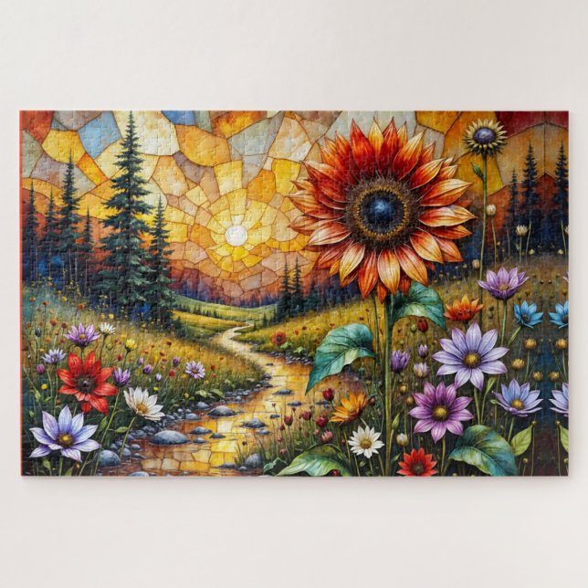 Puzzle Red Sunflower in valley by stream (Horizontal)
