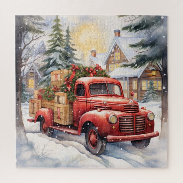 Puzzle Red Vintage Truck Noël Fête neige hiver (Vertical)
