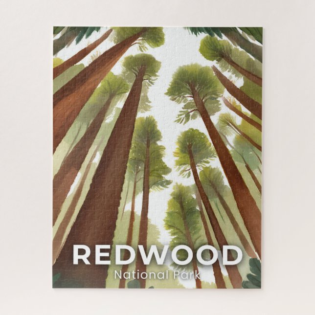Puzzle Redwood Trees | National Park Watercolor Art (Vertical)