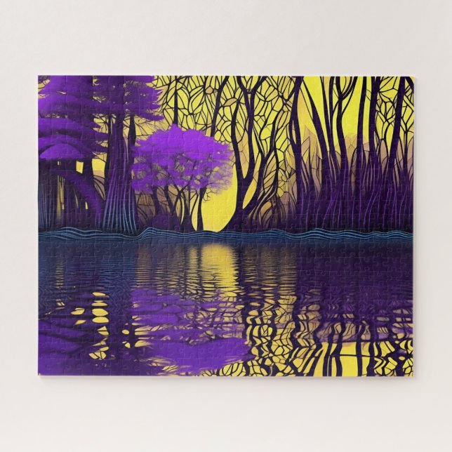 Puzzle Réflexion sur la forêt violette et jaune sur l'eau (Horizontal)