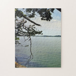 Puzzle Regardant sur le lac calme à travers les arbres