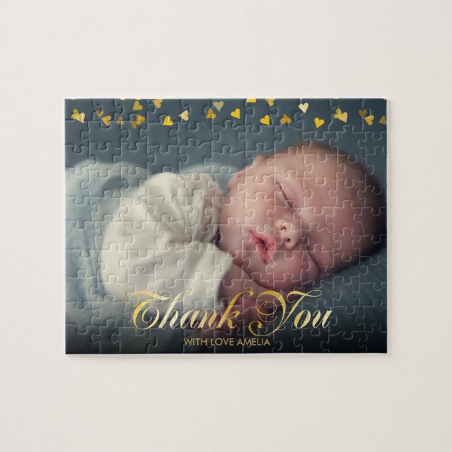 Puzzle Remerciement Photo de Bébé Cœurs Dorés (Horizontal)