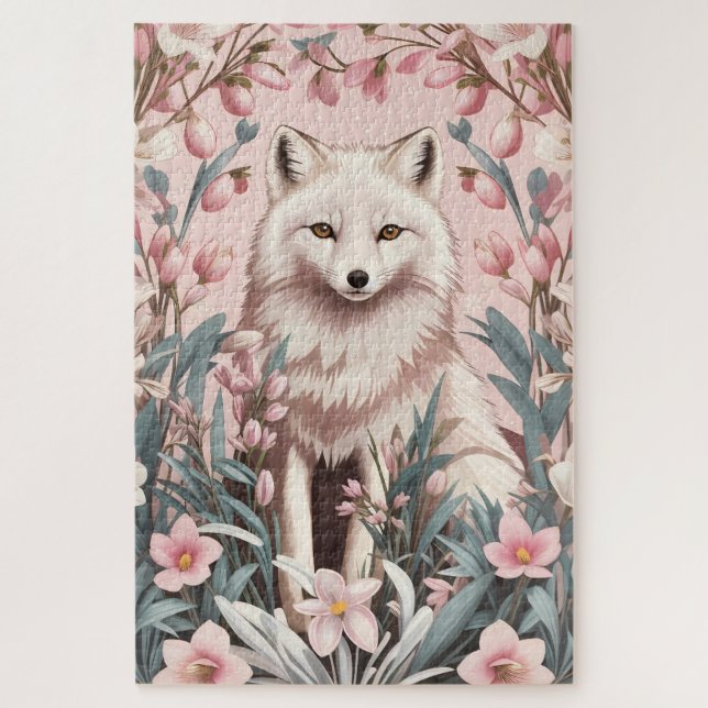 Puzzle Renard arctique élégant floral rose (Vertical)
