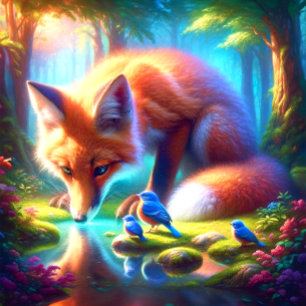 Puzzle Renard avec des merles d'Amérique dans la forêt