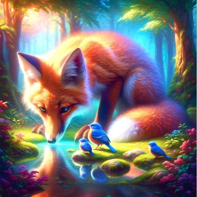 Puzzle Renard avec des merles d'Amérique dans la forêt (Escape to nature's embrace with the Fox and American Robins puzzle. Serenity awaits!)