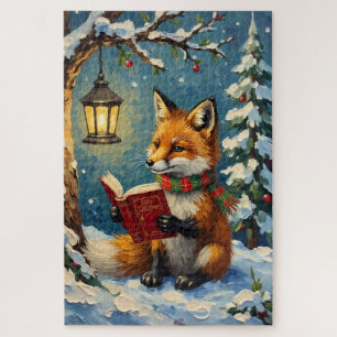 Puzzle Renard d'hiver vintage lisant à la lumière d'une l