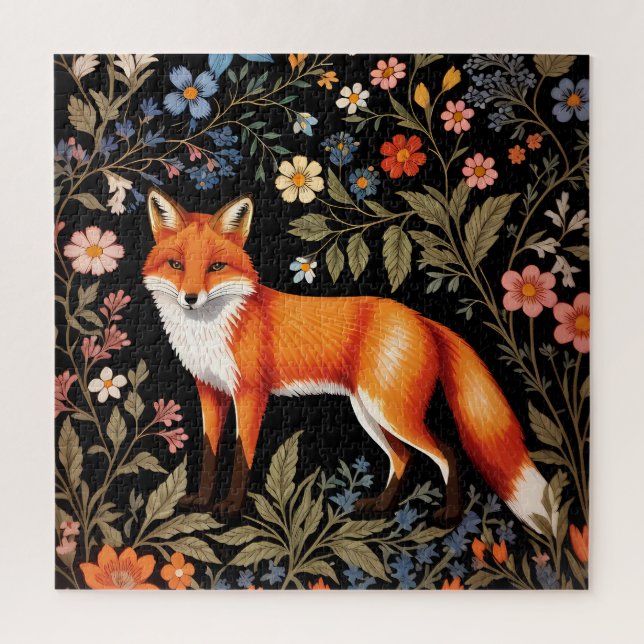 Puzzle Renard Élégant Fleur Florale Noire (Vertical)