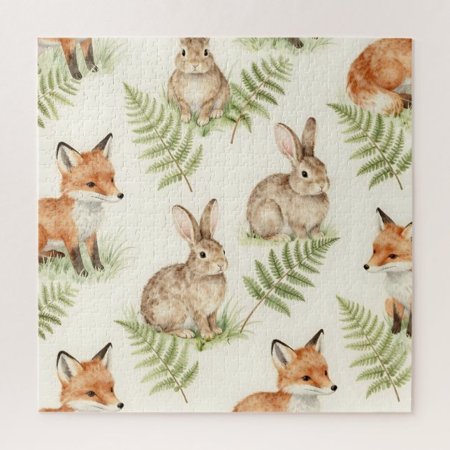 Puzzle Renard et Lapin de forêt motif à l'aquarelle (Vertical)