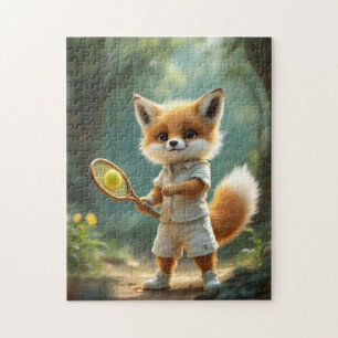 Puzzle Renard mignon jouant au tennis dans une forêt ench