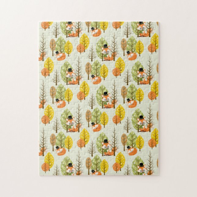 Puzzle Renard Orange Mignon Arbres D'automne Forêt Hipste (Vertical)