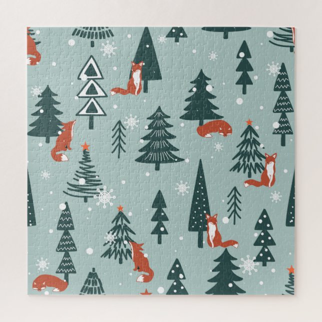 Puzzle Renards, sapins, hiver, motif coloré (Vertical)