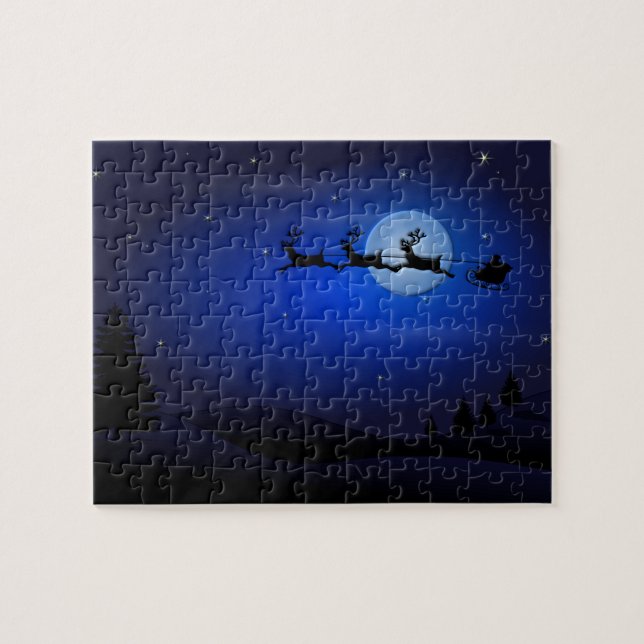 Puzzle Renne et Sleigh du père noël au-dessus de lune (Horizontal)