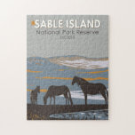 Puzzle Réserve de parc national de l'île Sable Canada Vin<br><div class="desc">Sable Island National Park Reserve Design vectoriel art. Le parc est un banc de sable éloigné abritant des chevaux sauvages,  une grande colonie de phoques gris,  ainsi que plusieurs épaves offshore.</div>