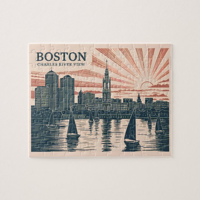 Puzzle Retro Boston Sailboats Skyline Art Classic Bold