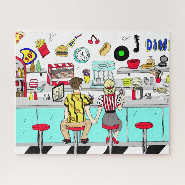 Puzzle Retro Cinties Diner avec deux mains de retenue (Horizontal)