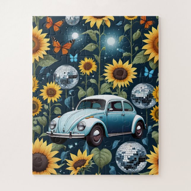 Puzzle Retro Disco Balls Sunflowers et Hippie Bug Car (Vertical)