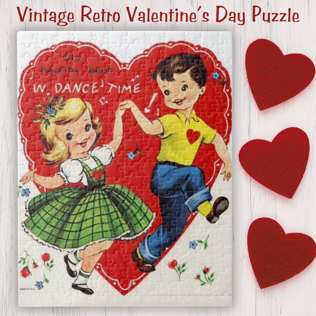 Puzzle Retro Enfants Vintages Danser Saint Valentin (Retro Vintage Kids Dancing Valentine's Day Jigsaw Puzzle)
