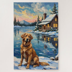 Puzzle Rétro Golden Retriever au Noël au bord du lac