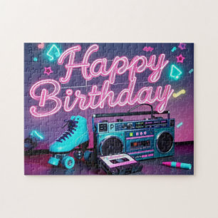 Puzzle Retro neon Joyeux Anniversaire signe en rose et tu