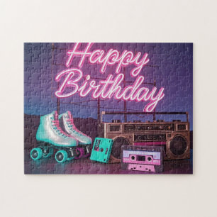Puzzle Retro neon Joyeux Anniversaire signe en rose et tu