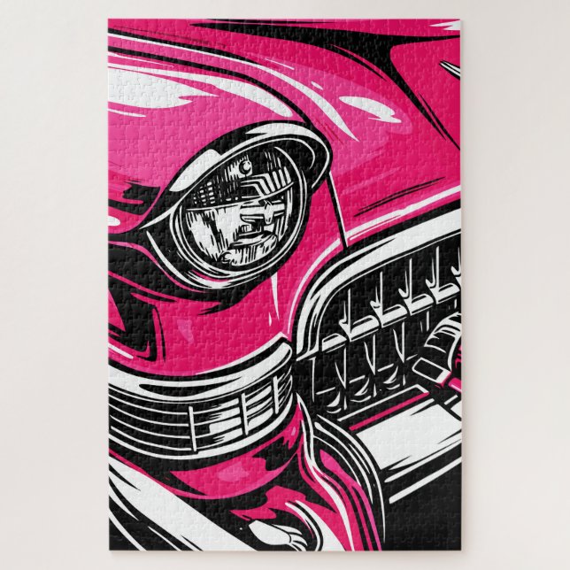 Puzzle Retro Pink Classic Car Front Pop Art Illustration (Vertical)