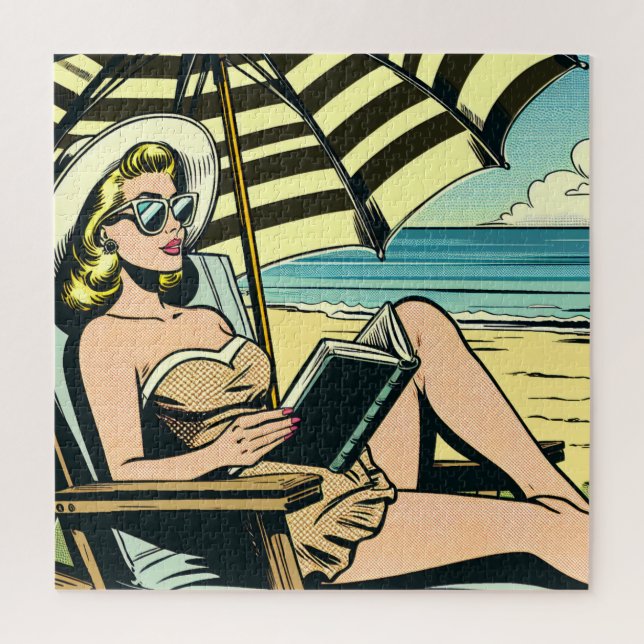 Puzzle Retro Pop Art Lady sur la plage (Vertical)