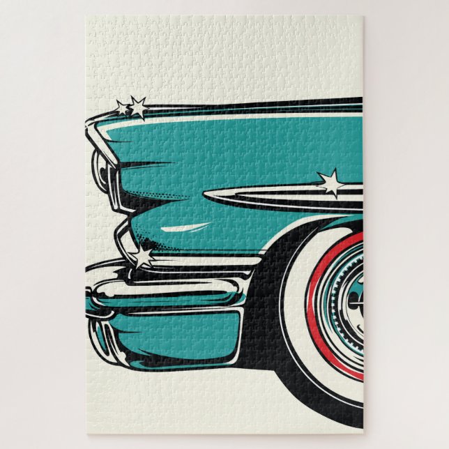 Puzzle Retro Teal Sports Car Front Pop Art Illustration (Vertical)