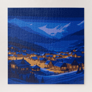Puzzle Retro Village Mountain Blue Gold Paysage