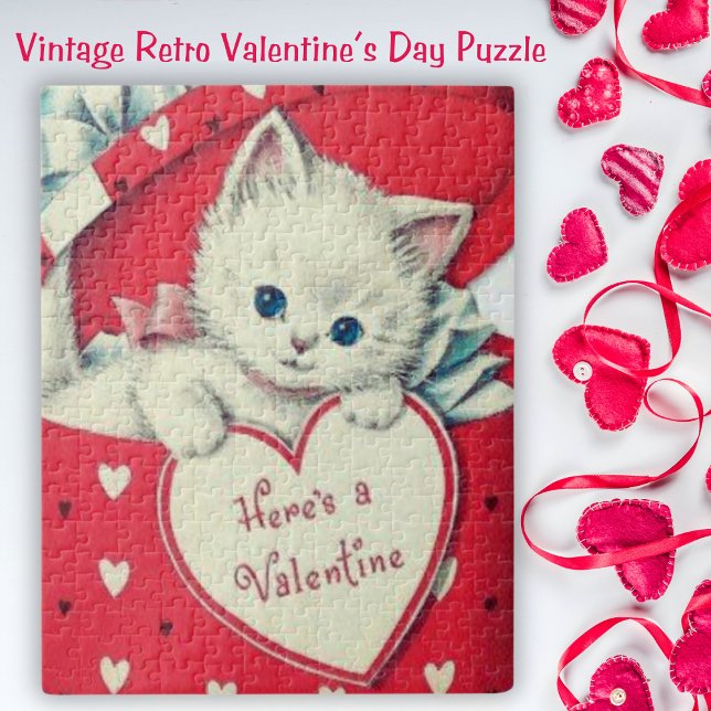 Puzzle Retro Vintage Cute Kitten Saint Valentin (Retro Vintage Cute Kitten Valentine's Day Jigsaw Puzzle)