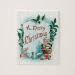 Puzzle Retro Vintage Noël Cool Père Noël Salutation<br><div class="desc">Une jolie illustration antique de Noël,  un intéressant rétro vintage santa claus.. Cette belle illustration de noël vintage a une jolie petite Clause du Père Noël tenant une pancarte qui dit Un joyeux Noël. C'est un tableau sucré et coloré du Vieux Elfe Jolly !</div>