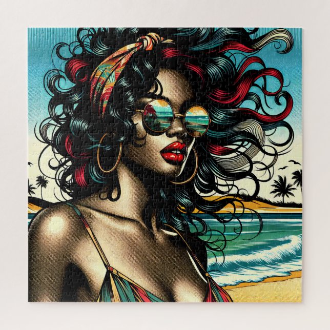 Puzzle Retro Woman on Beach Comédie Style Pop Art (Vertical)