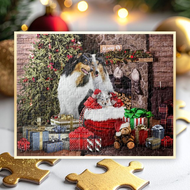Puzzle Réveillon de Noël avec famille Collie rugueuse - H (Preview shows 14x11" Puzzle. Looks best on horizontal puzzles up to 20x16” size.)