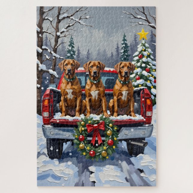 Puzzle Rhodesian Ridgeback Noël Camion Rouge Fêtes (Vertical)