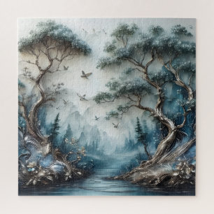 Puzzle Rivière de forêt paisible et oiseaux volants