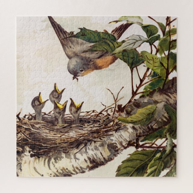 Puzzle Robin mother bird feeding hatchlings in the nid (Vertical)