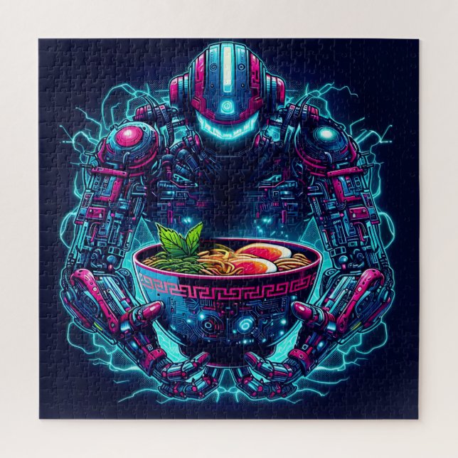 Puzzle Robot Cyberpunk Futuriste Nourriture Ramen Néon (Vertical)