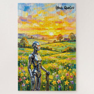 Puzzle Robot Métallique dans une Prairie au Coucher du So