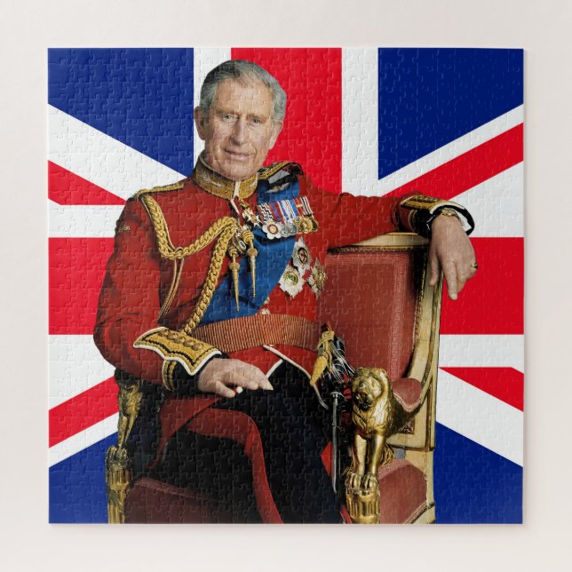 Puzzle Roi Charles III avec drapeau britannique (Vertical)