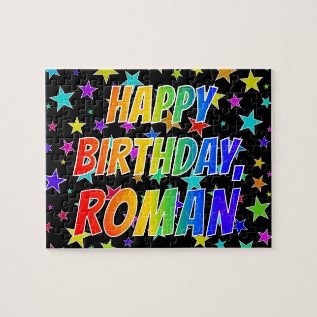 Puzzle "ROMAN" Prénom, "HEUREUX ANNIVERSAIRE" (Horizontal)