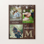 Puzzle Romance Rustique Personnalisé Monogramme Photos Lu<br><div class="desc">Ces puzzles de scie pourraient aussi facilement épeler l'AMOUR — avec un arrière - plan rustique de texture bois, des lumières scintillantes, trois de vos merveilleuses photos — une date — un nom de famille et une LAYERING UNIQUE DU MONOGRAM — regardez de près et vous verrez trois couleurs, ce...</div>