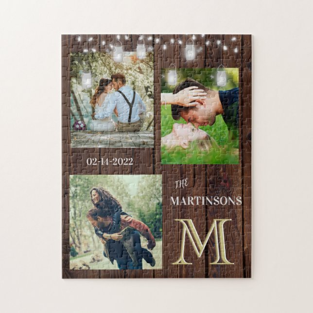 Puzzle Romance Rustique Personnalisé Monogramme Photos Lu (Vertical)
