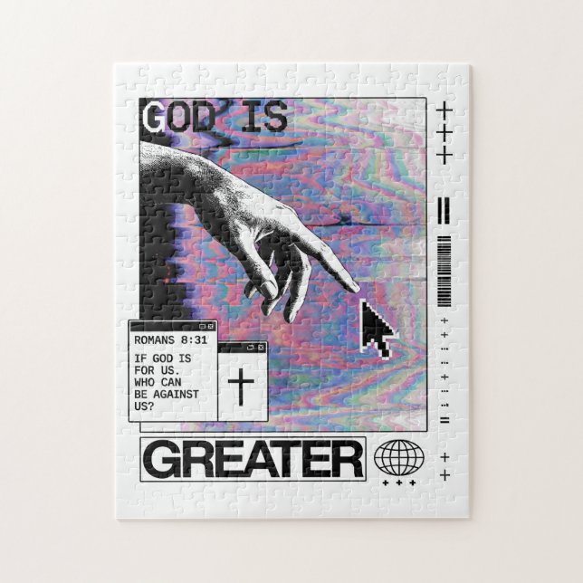 Puzzle Romans 8:31 Cyberpunk Main de Dieu Glitch Art (Vertical)