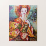 PUZZLE ROMANTIC WOMAN WITH SPARKLING PEACOCK FEATHER<br><div class="desc">Original contemporary watercolor painting with golden foil and iridescent colors in bright green, yellow orange ,  teal, turquase,  white .Elegant , beautiful sophisticated brunette woman, red, green sparkling gold fabrics of a baroque costume with peacock feathers .Painting by Bulgan Lumini (c).</div>