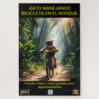 PUZZLE ROMPECABEZA GATO MANEJANDO BICICLETA EN EL BOSQUE.
