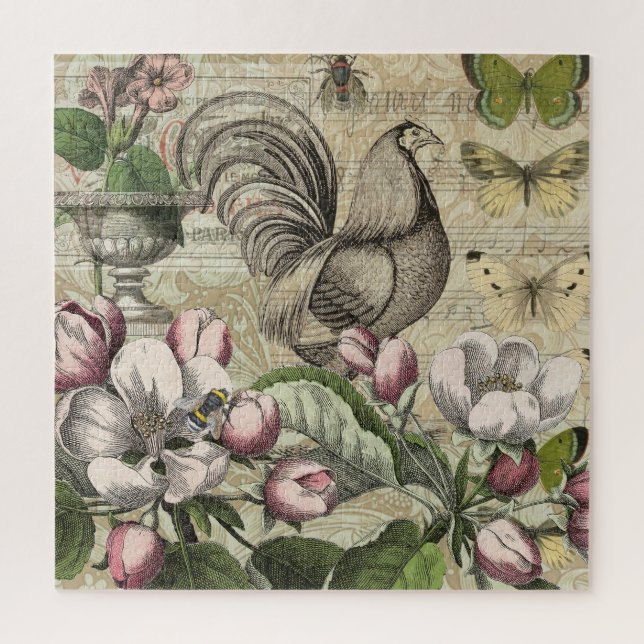 Puzzle Rooster Garden Flower Papillon Art (Vertical)