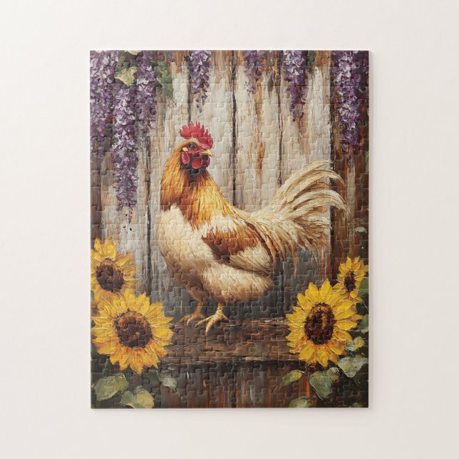 Puzzle Rooster rustique de ferme avec tournesol et Wister (Vertical)