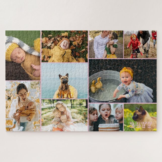 Puzzle Rose clair Ajouter L'Année & 10 Collage Photo Fami (Horizontal)