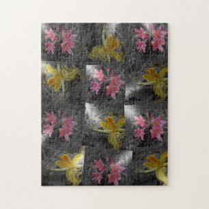 Puzzle rose, fleur d'Asie jaune en argent