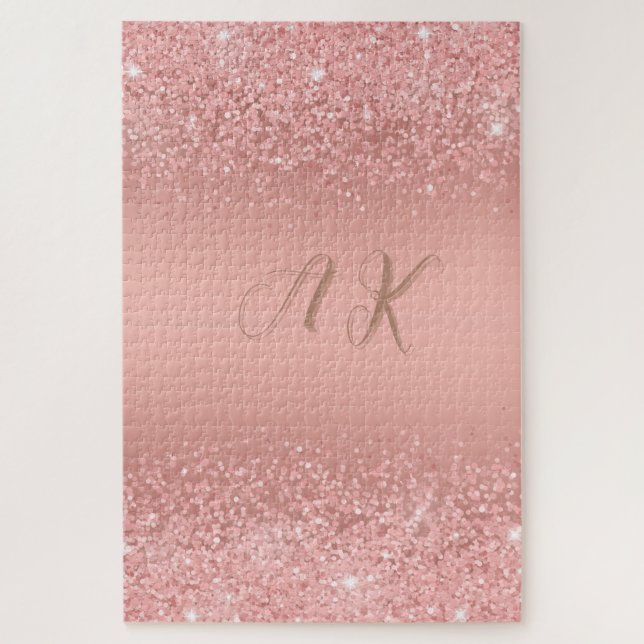 Puzzle Rose Gold Élégant Luxe Monogramme Pailleté (Vertical)
